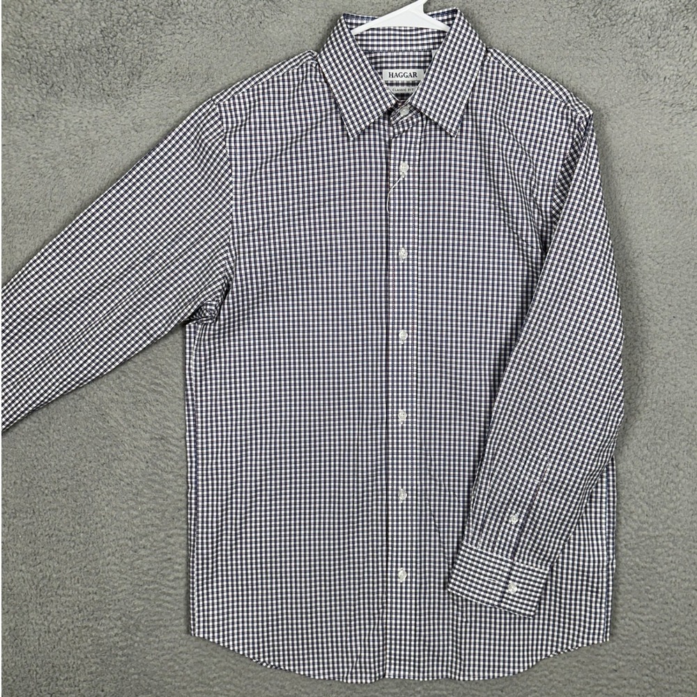 NEW Haggar Dress Shirt Mens 15-15.5 32-33 Classic Fit Navy Red Check Button Down